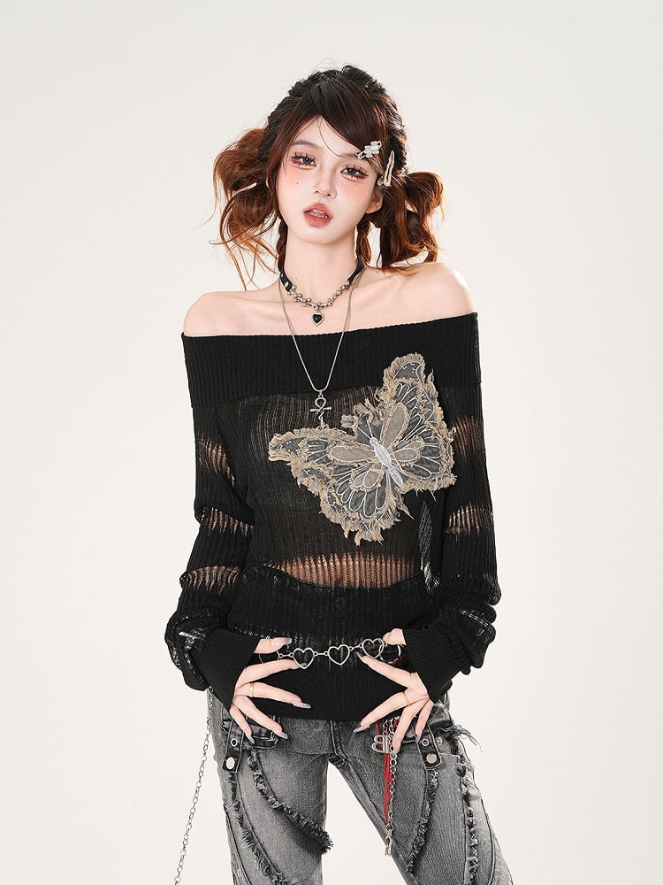 Raw Hem Denim Butterfly Applique Black Off-the-shoulder Neckline Coverup