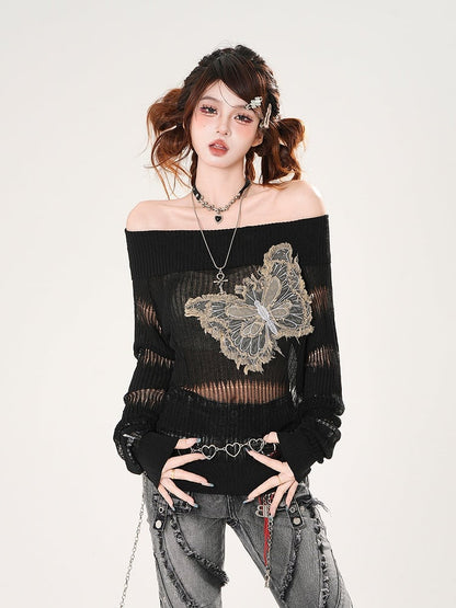 Raw Hem Denim Butterfly Applique Black Off-the-shoulder Neckline Coverup