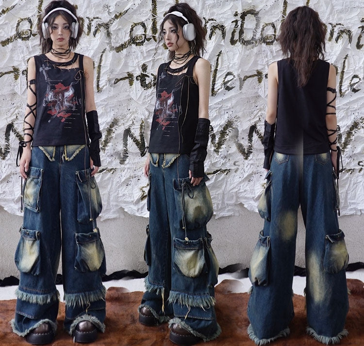 Punk Letters Print Black Lace-up Detail Sleeveless Top