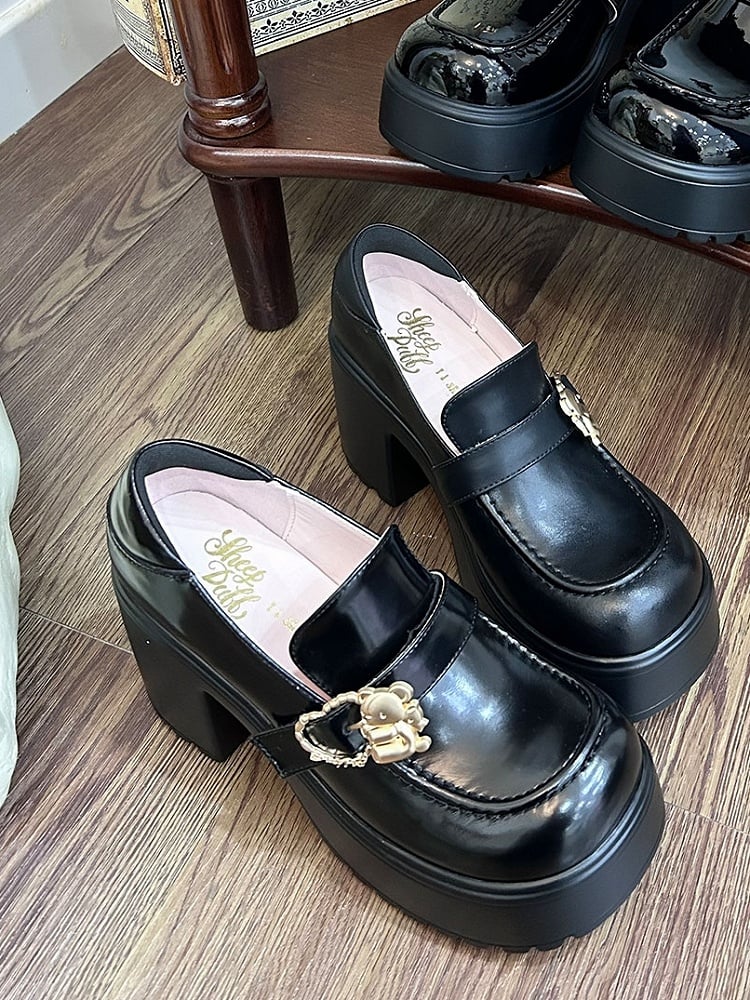 Matte Black Hugging Bear Heart Buckles Platform High Block Heels Slipons