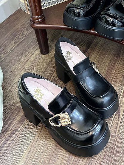 Matte Black Hugging Bear Heart Buckles Platform High Block Heels Slipons