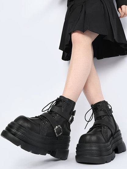 Punk Rock Black Platform Ankle Boots with Inner Zipper, Buckle Straps & Lace-Up Design