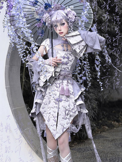 Purple Cheongsam Collar Short Sleeves Top Tassel Charm Decorated