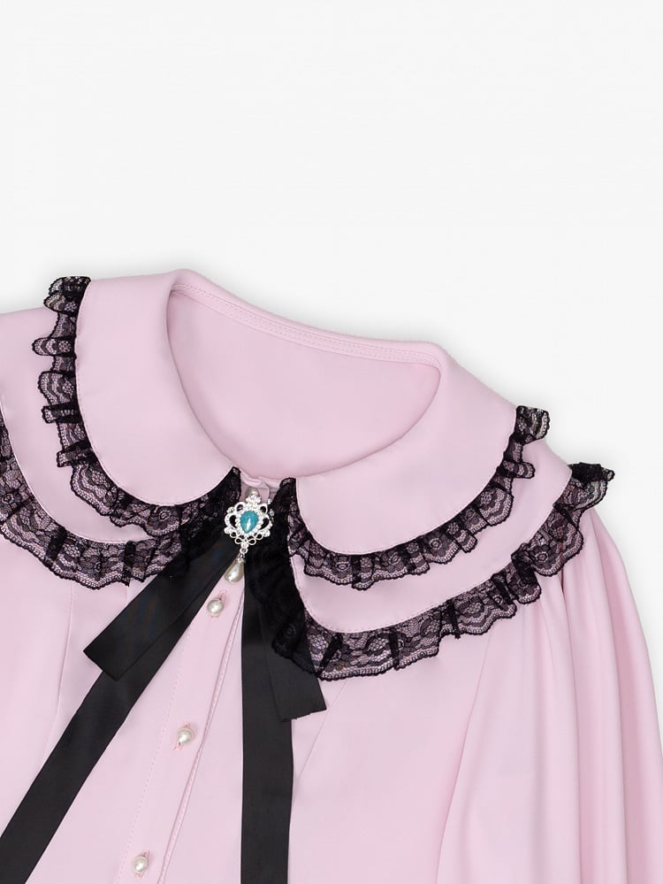 Pink Sweetheart Jirai Kei Blouse with Black Lace Trim and Free Bowtie