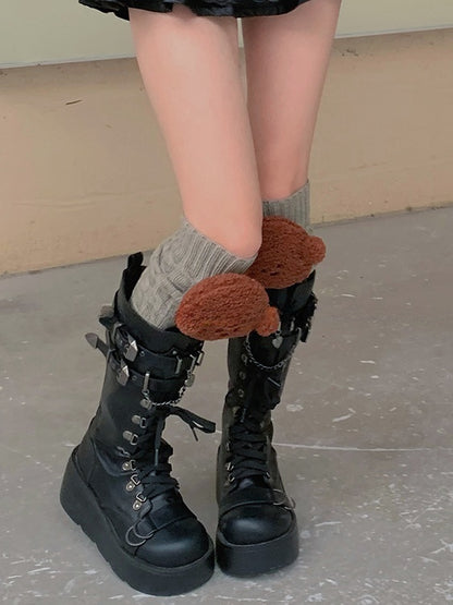 White/Khaki/Light Grey/Coffee Knitted Leg Warmers With Puppy Plushie