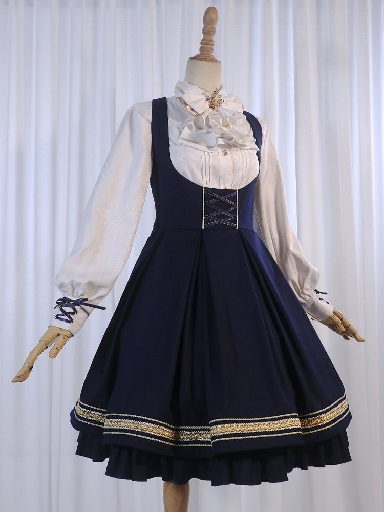 White Lace-up Cuffs Long Sleeves Shirt with Jabot Tie