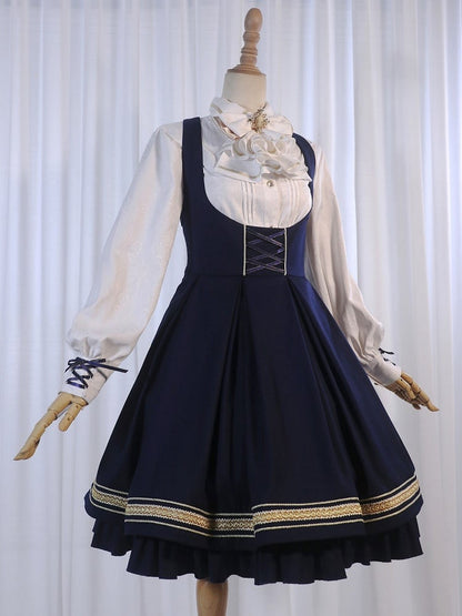 White Lace-up Cuffs Long Sleeves Shirt with Jabot Tie