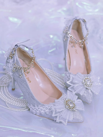 Silver Rhinestone Bowknot Detachable Beaded Chain Glittering 6CM/8CM Hime Lolita Heels