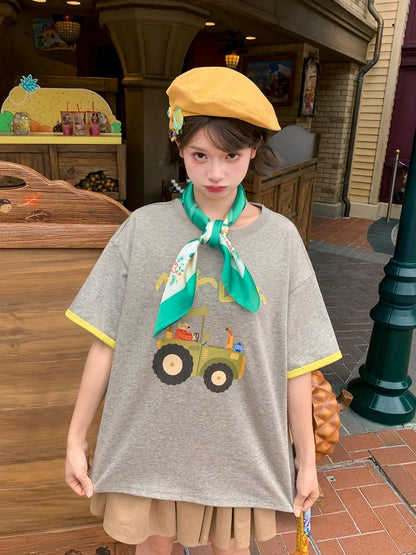 Gray Round Neck Cartoon Tractor Print Loose T-shirt