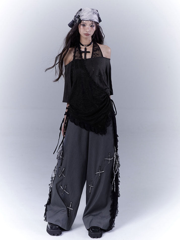 Black Cross Rhinestone Curved Hem Halter Neck T-shirt