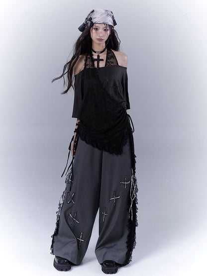 Black Cross Rhinestone Curved Hem Halter Neck T-shirt