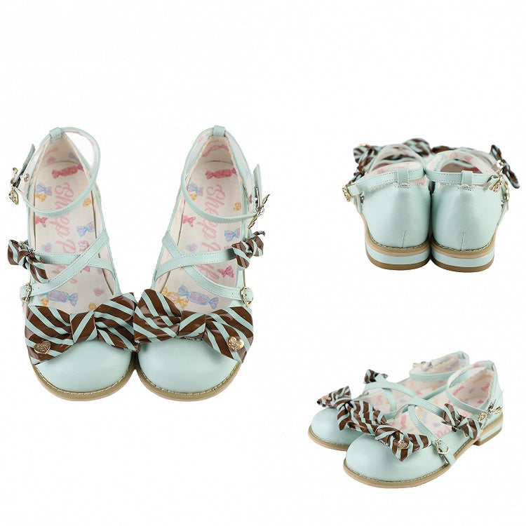 Green&Brown Striped Pattern Bow at Top Crisscross Design Heart Buckles Lolita Shoes