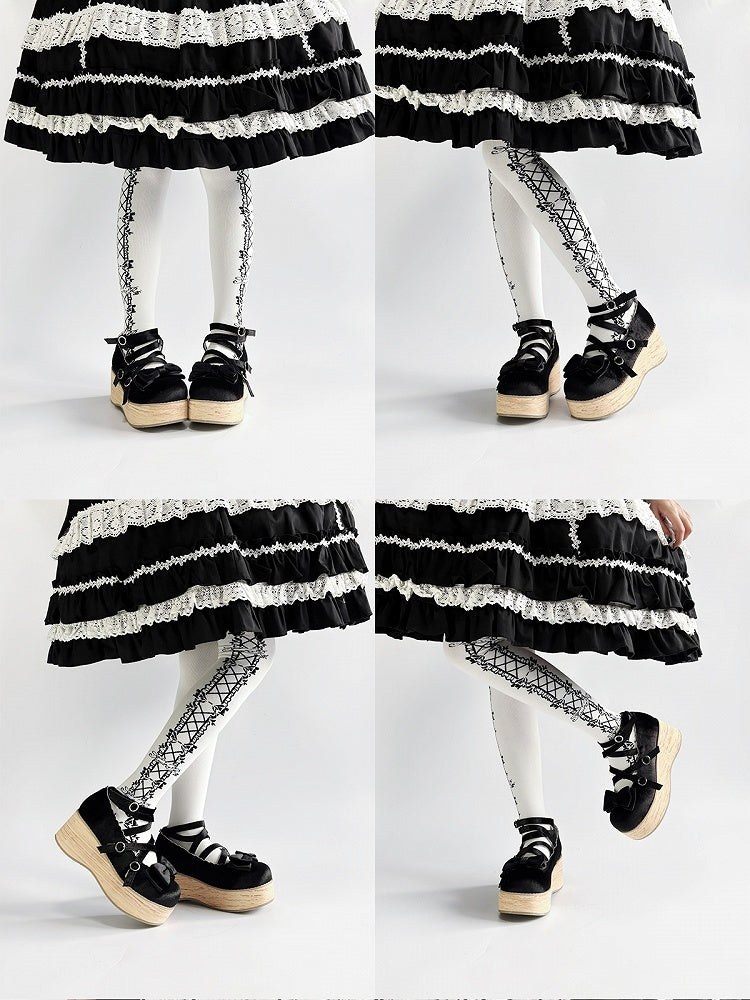 Bow Embellishments & Crisscross Design Velvet Black Platform Shoes in Sweet Lolita