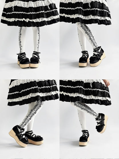 Bow Embellishments & Crisscross Design Velvet Black Platform Shoes in Sweet Lolita
