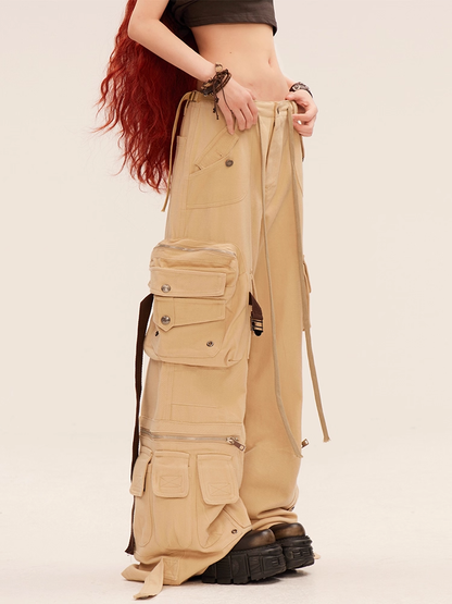 Millard Fashion Khaki Low Rise Cargo Pockets Wide-leg Pants