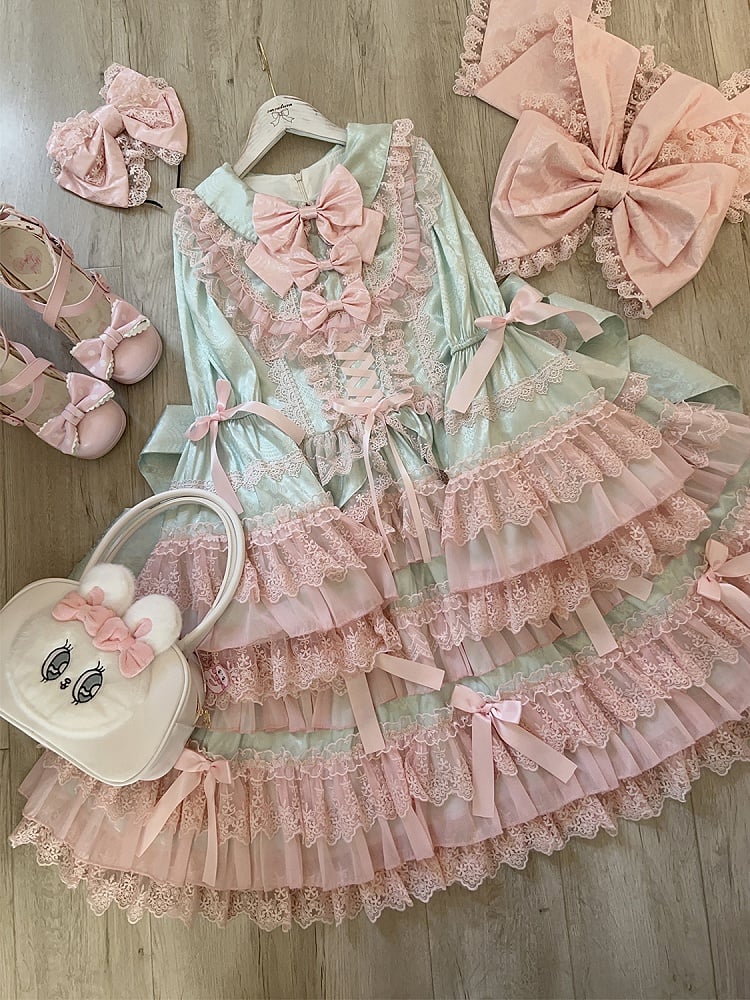 Green and Pink Tiered Ruffle Skirt Bows Decorated Long Bell Sleeves Lolita Dress
