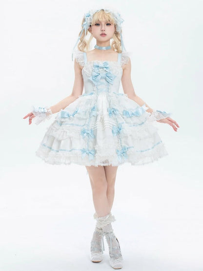 White and Blue Sweet Bow Accents Princess Lolita Jumper Skirt