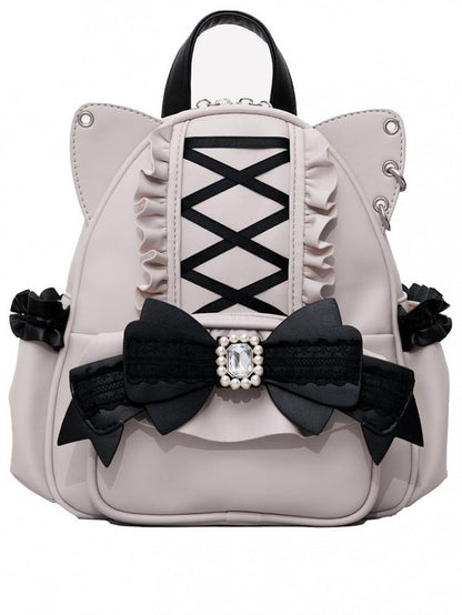 Jirai Kei Black&Pink Cat Ear Backpack With Beaded and Rhinestone Bow