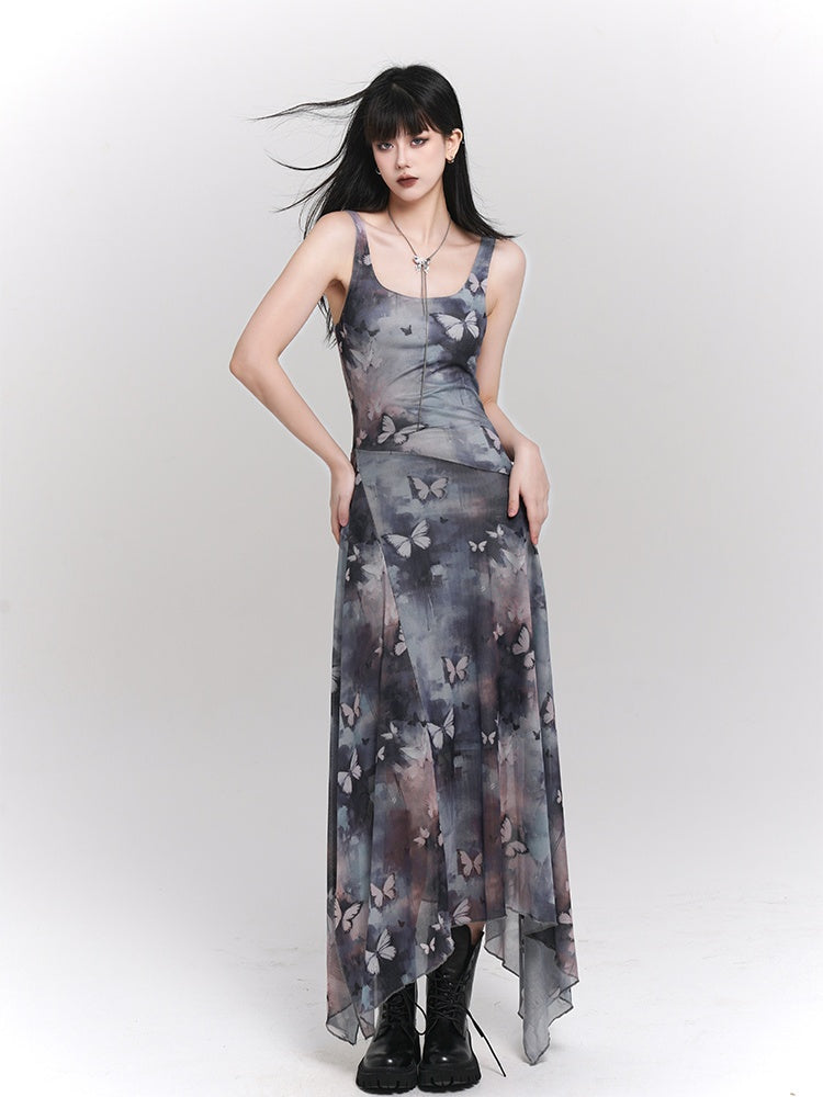 Blue & Purple Butterfly Print Asymmetrical Hem Sleeveless Dress