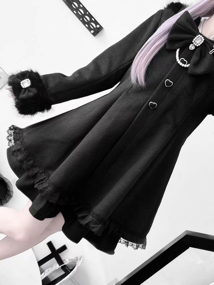 Jirai Kei Black A-Line Coat with Detachable Bunny Hood | Plush Ears & Cuffs | Wool Blend