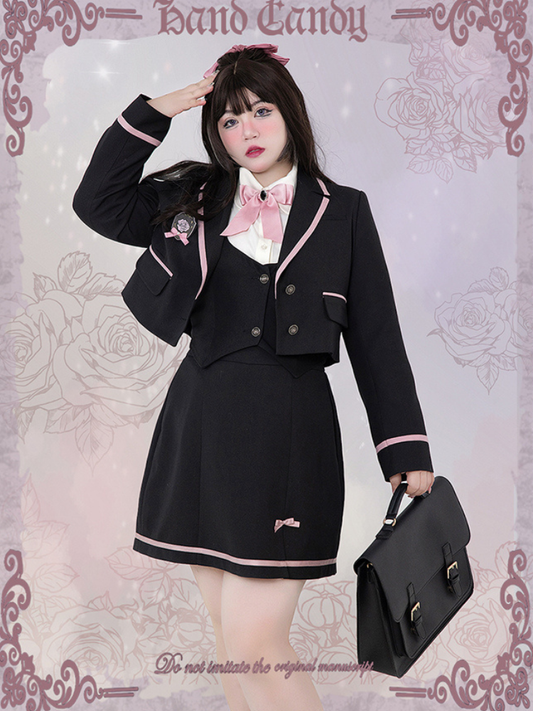 Plus Size - Rose Knight Apricot Shirt+Black Waistcoat+Black Blazer+Black Skirt Set