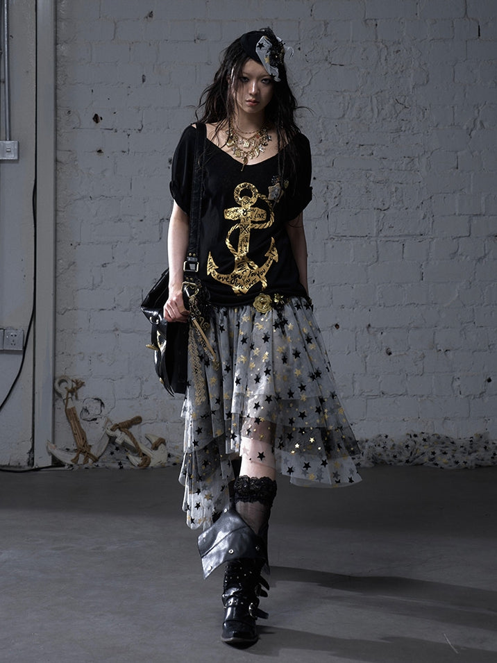 Black/White Distressed Design Navycore Graphic T-shirt