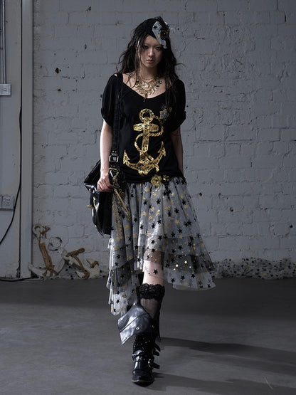 Black/White Distressed Design Navycore Graphic T-shirt