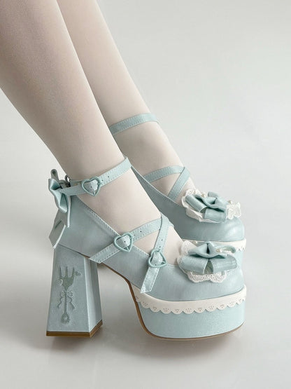 Blue Lolita Lace Bowknot Buckle Straps Fork Embroidery Platform Block High Heels
