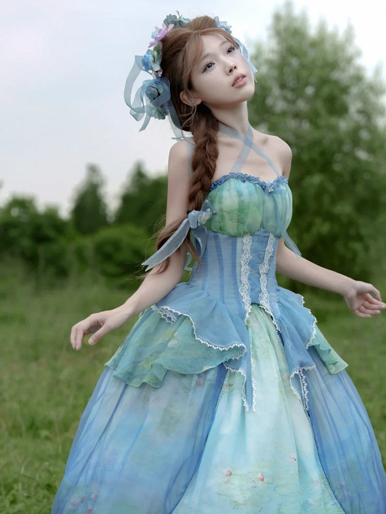 Sky Blue Fairy Oil Painting Print Tiered Flounce Hem Halter Boned Corset Top