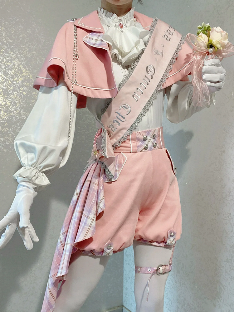 Pink and White Prince Ouji Lolita Outfit - White Shirt + Pink Cape + Pink High Waist Shorts