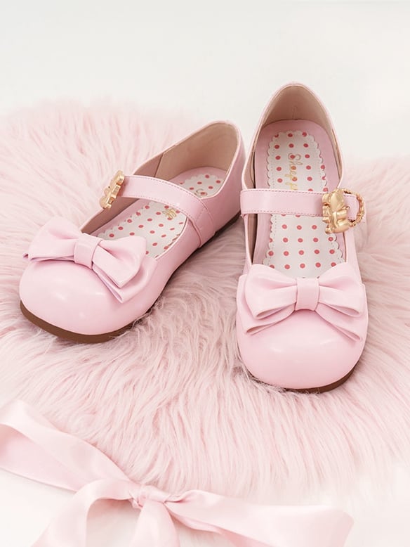 Pink Bow at Top Sweet Lolita Flats with Hugging Bear Heart Buckles