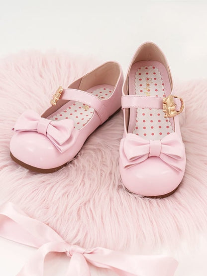Pink Bow at Top Sweet Lolita Flats with Hugging Bear Heart Buckles