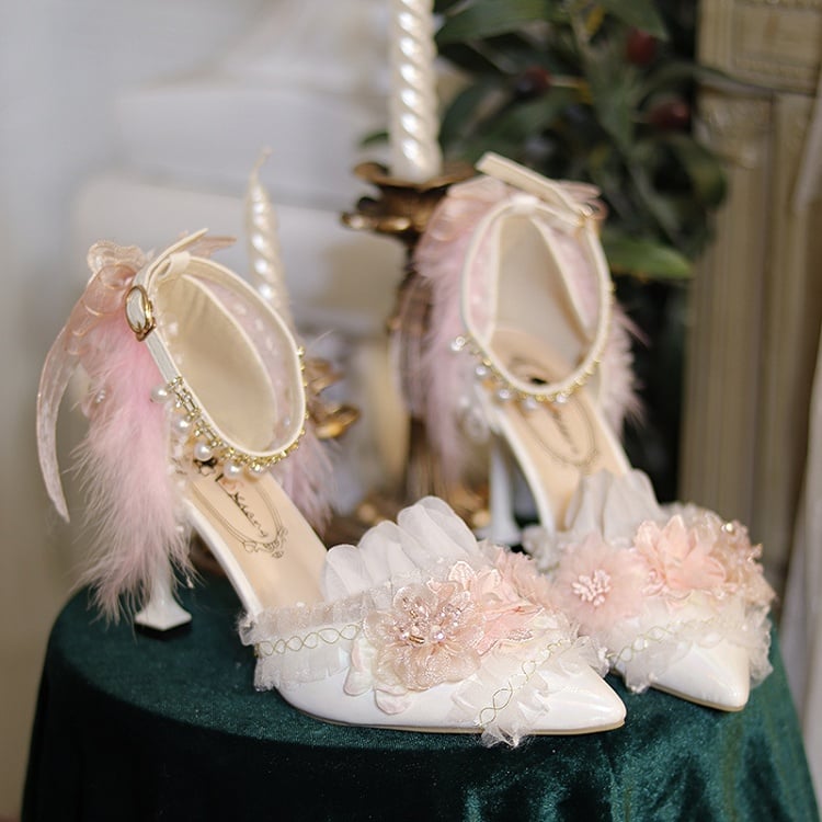 White & Pink Floral Design Feather Decorated 8CM Hime Lolita High Heels