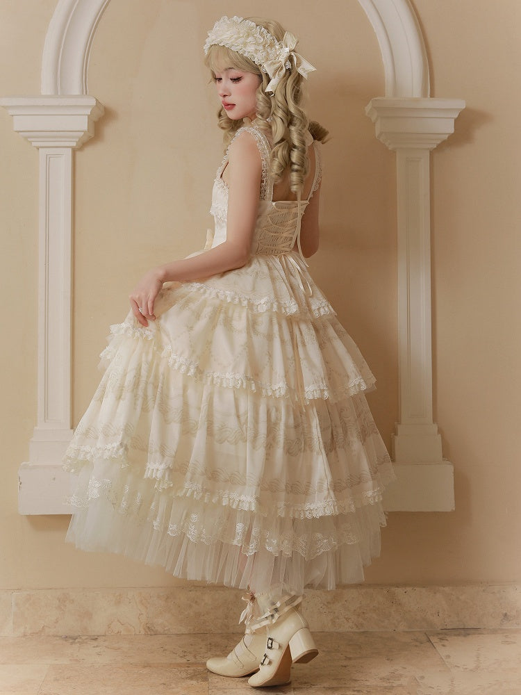 Cream Print Tiered Skirt Beads Neckline Lolita Jumper Skirt