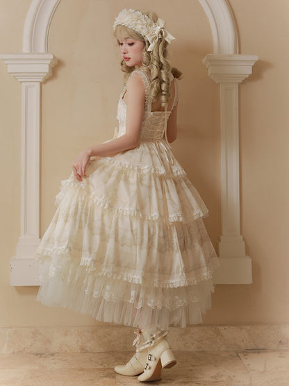 Cream Print Tiered Skirt Beads Neckline Lolita Jumper Skirt