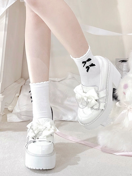 Polished White Jirai Kei Cross Chain Decorated Bow Rhinestoned Buckles Platform Loafers