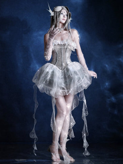 Birdcage Design Hem Shiny Sequins Boning Corset Dress + Jellyfish Overlay