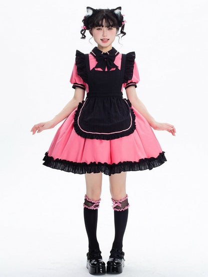 Pink and Black Kitty Maid Lolita Short Puff Sleeves Dress + Black Apron
