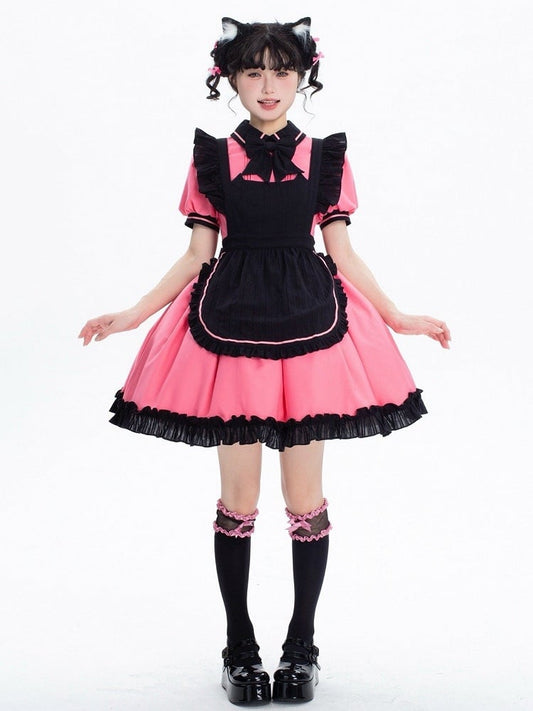 Pink and Black Kitty Maid Lolita Short Puff Sleeves Dress + Black Apron