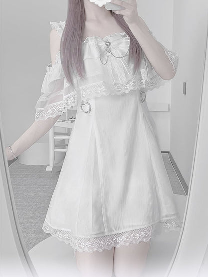 Jirai Kei White Off-the-shoulder Neckline Cape Design Dress with Chains Decorated Bowknot