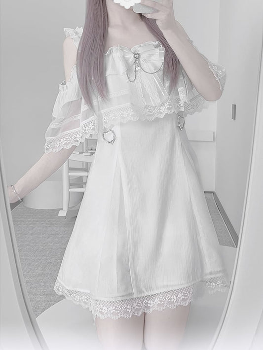 Jirai Kei White Off-the-shoulder Neckline Cape Design Dress with Chains Decorated Bowknot