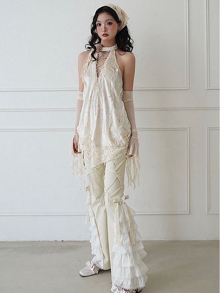 Lace-up Detail Beige Tiered Design Flared Pants with Bowknots and Butterflies