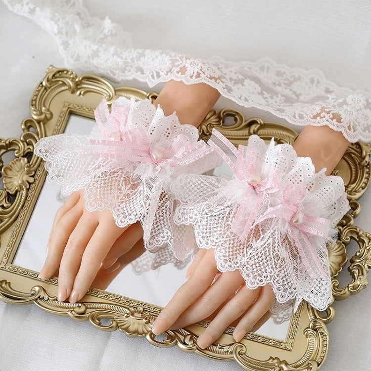 A Pair of Cute Double-Layer Lace Wrist Cuffs with Pink Bowknot Decoration