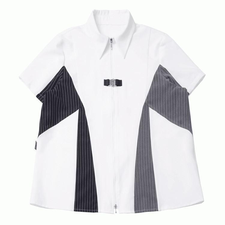 Black and Gray Striped Colorblock Design Techwear Zip-up Shirt with Free Kitty Plushie
