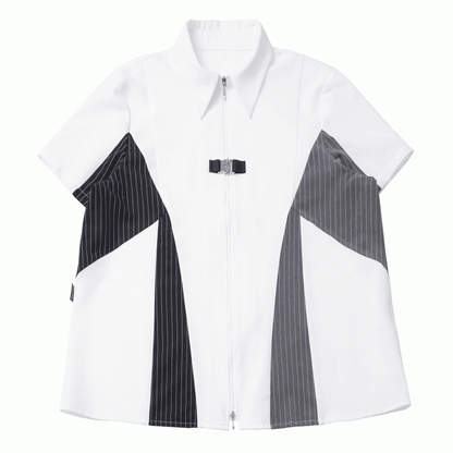 Black and Gray Striped Colorblock Design Techwear Zip-up Shirt with Free Kitty Plushie