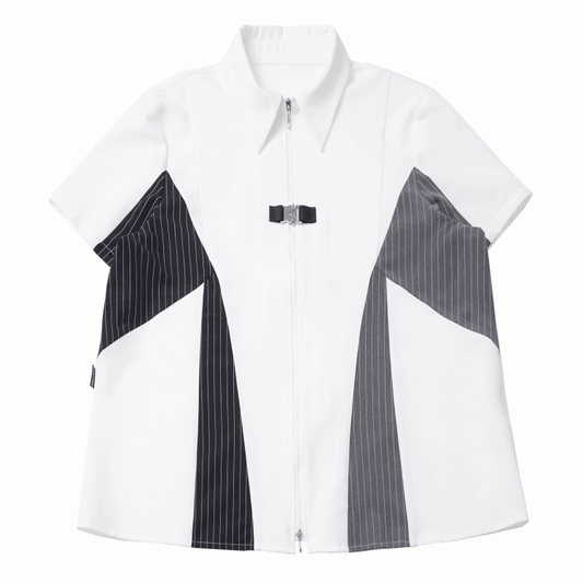 Black and Gray Striped Colorblock Design Techwear Zip-up Shirt with Free Kitty Plushie