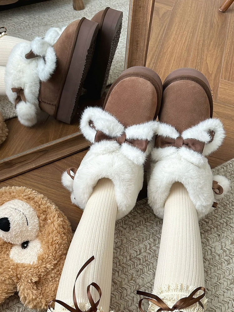 Sweet Lolita Dark Brown Platform Snow Boots - Plush Polka Dot Bunny Ears, Furry Lining & Pompoms Charm Self-Tie Straps