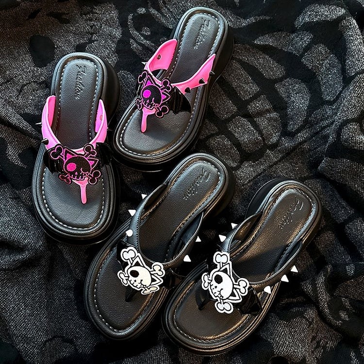 Black and Pink Bat Wings Skeleton Applique Flip-flops Gothic Summer Slippers