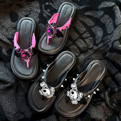 Black and Pink Bat Wings Skeleton Applique Flip-flops Gothic Summer Slippers