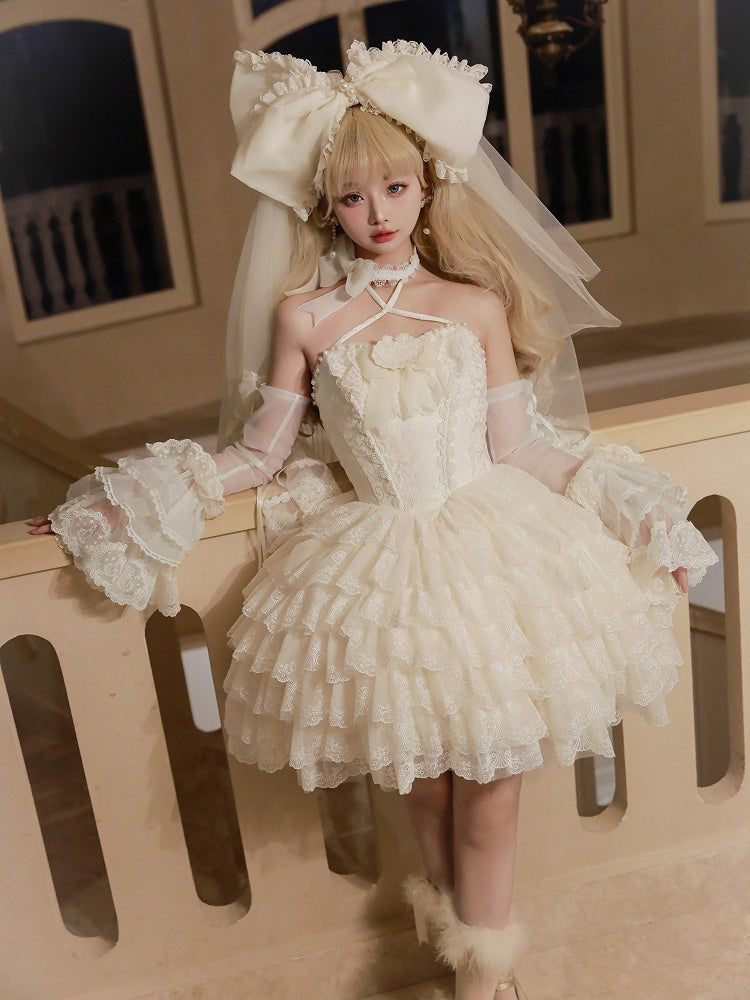 Creamy White Princess Embroidered Scallop Trim Tiered Skirt Lolita Dress